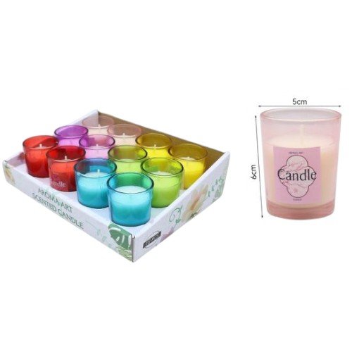 Vela aromática decorativa en vaso de vidrio esmerilado de colores con exhibidor 6 x 5cm por mayor en Chile