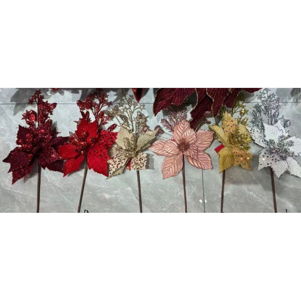 NAVIDAD FLOR RAMO GLITTER 12 Pza por mayor en Chile
