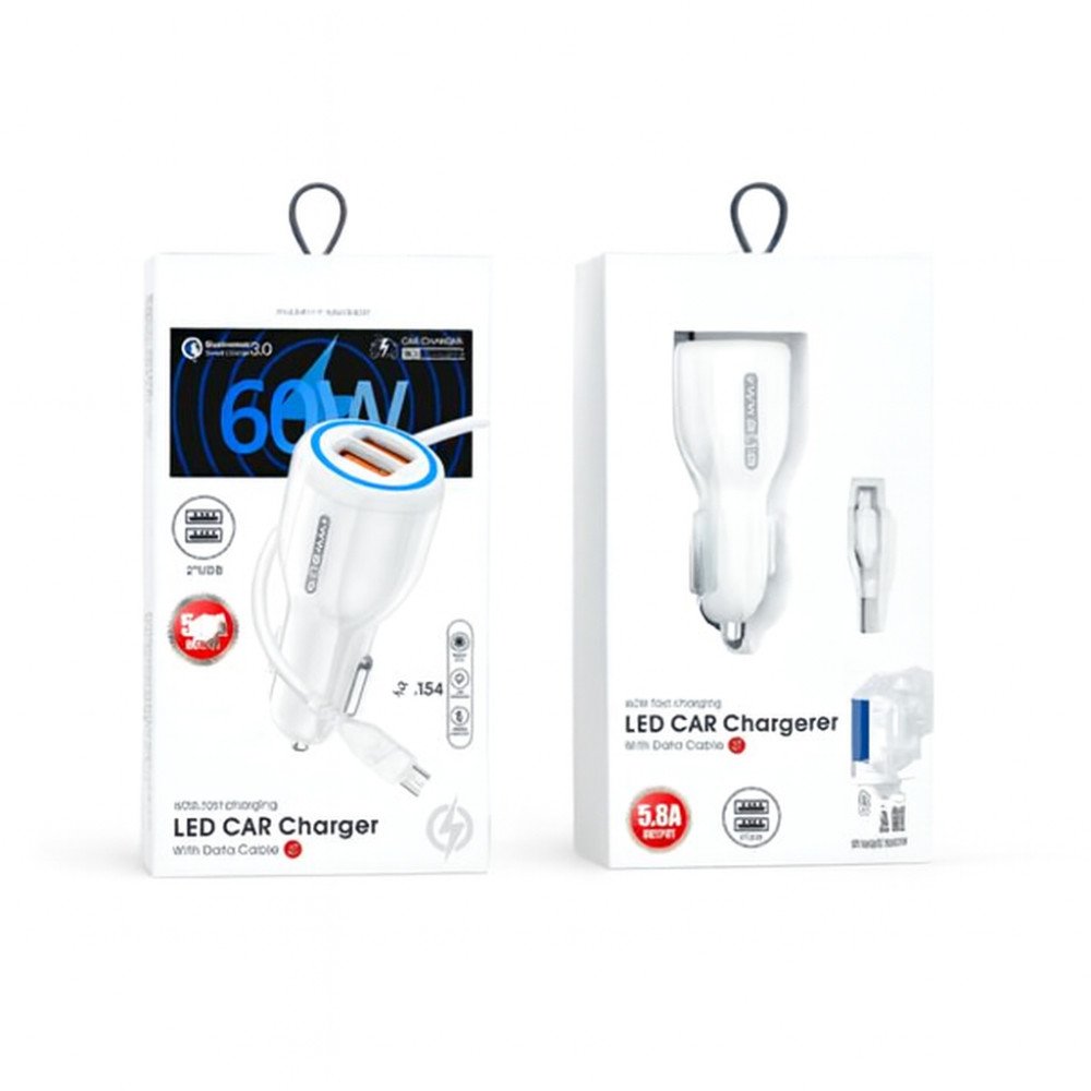 Cargador Auto Dual USB LED con Cable Datos Dual USB · QC 3.0 · 60W · 1 Pza por mayor en Chile