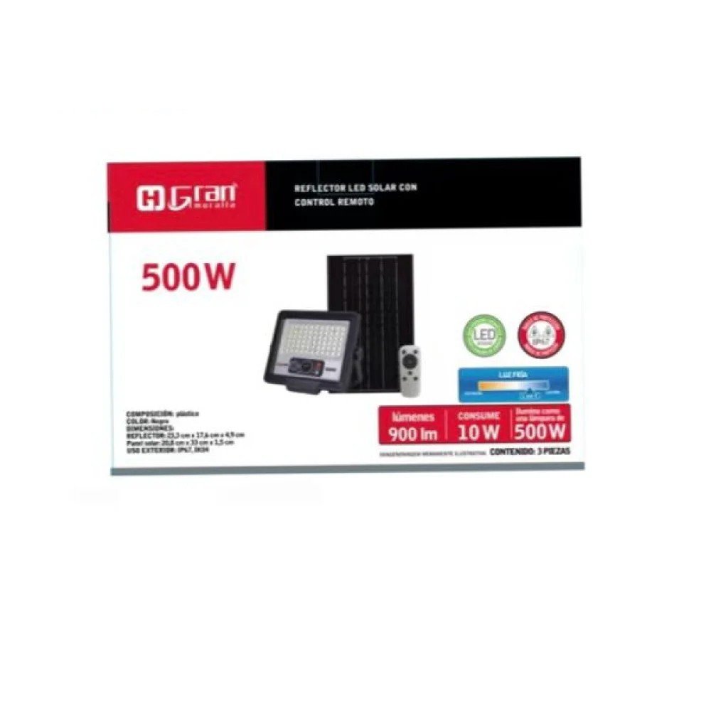 Reflector LED Solar 500W con Control Remoto Control Remoto · 10W Real / 500W Equivalente · Panel Solar por mayor en Chile