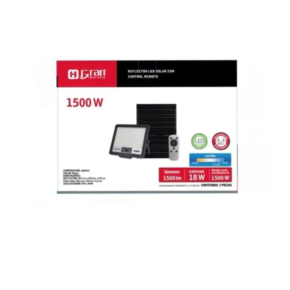 Reflector LED Solar 1500W con Control Remoto Solar · 1500W nominal · 1500lm por mayor en Chile