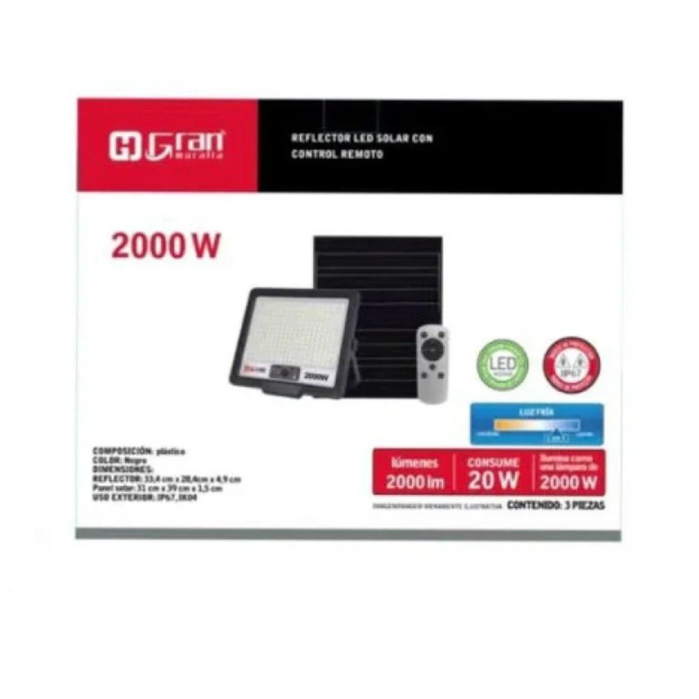 Reflector LED Solar 2000W con Control Remoto 2000W · 2000lm · 20W consumo · Panel solar incluido por mayor en Chile