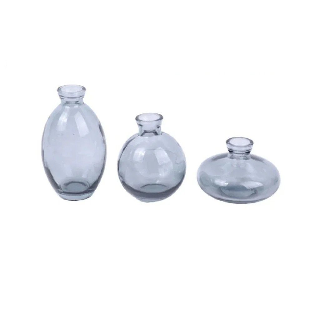 Juego de tres jarrones de cristal gris con flores 12 X 9 X 6CM por mayor en Chile